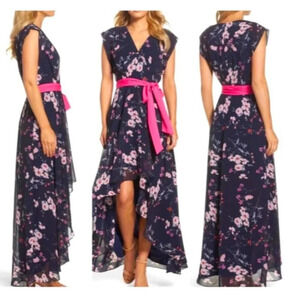 Eliza J Blue Coquette Floral Belted Chiffon Romantic High Low Maxi Dress Size 14